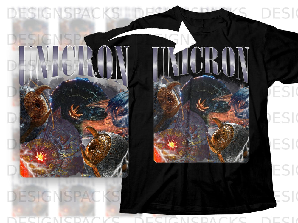 Black t-shirt with "UNICRON" text and a detailed sci-fi robot artwork.