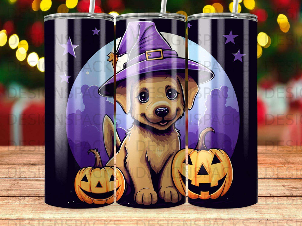 Golden retriever puppy in witch hat with pumpkins, Halloween design.