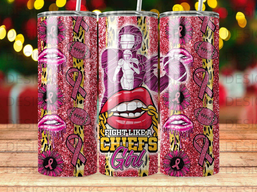 Glittery tumbler with football, lips, and pink ribbon designs, featuring "Fight Like A Chiefs Girl".