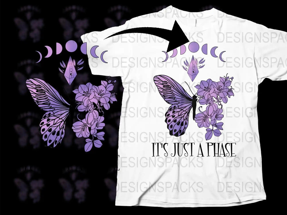 Graphic Butterfly T-Shirt, Floral Moon Phase Design, Black and White Tee, Unisex Fashion Top, Unique Nature Inspired Apparel.
