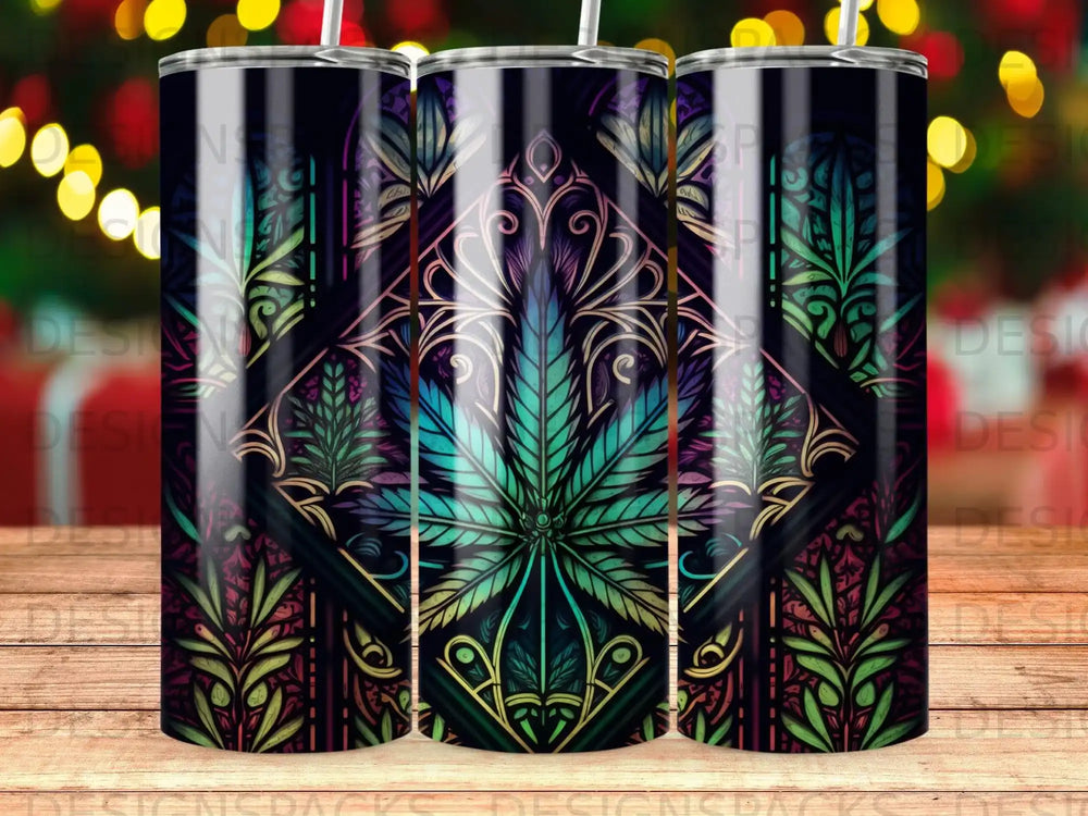 Stained glass pattern with a cannabis leaf motif on a tumbler.