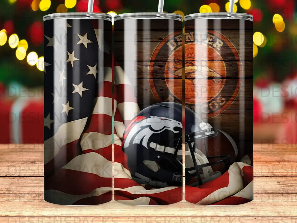 Denver Broncos helmet and football with American flag on wood grain.