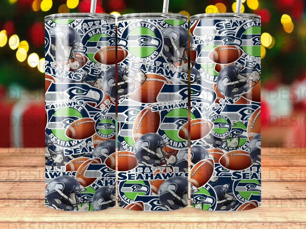 Seattle Seahawks helmets, footballs, and logo pattern on tumblers.