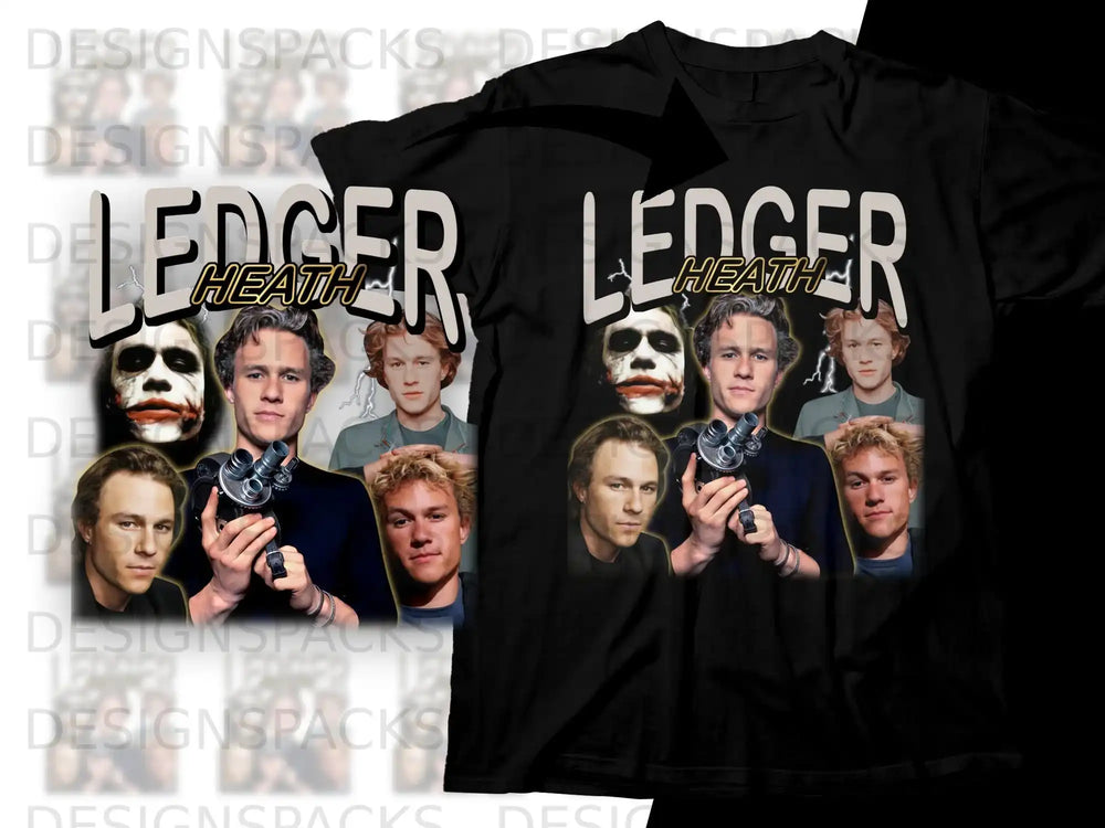 T-shirt featuring multiple portraits of Heath Ledger as The Joker and in other roles.