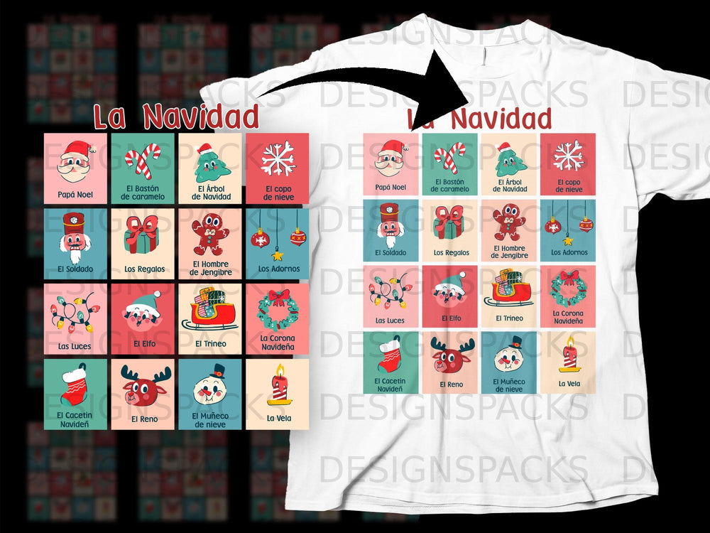White t-shirt with "La Navidad" and grid of Spanish Christmas icons.