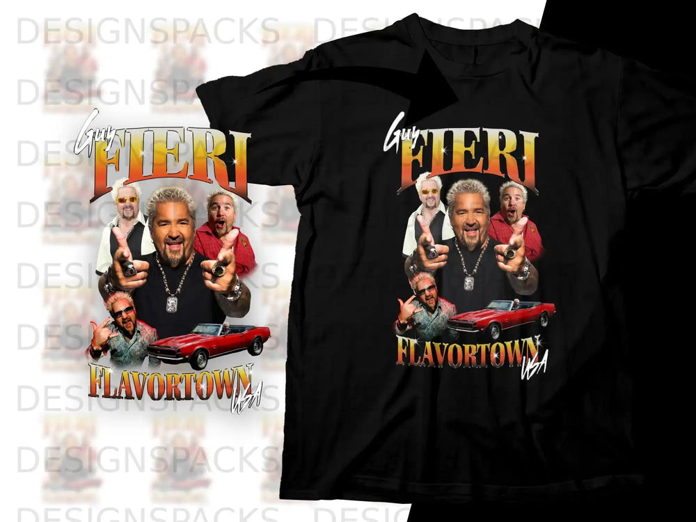 Guy Fieri Flavortown t-shirt design with red convertible and cartoon characters.