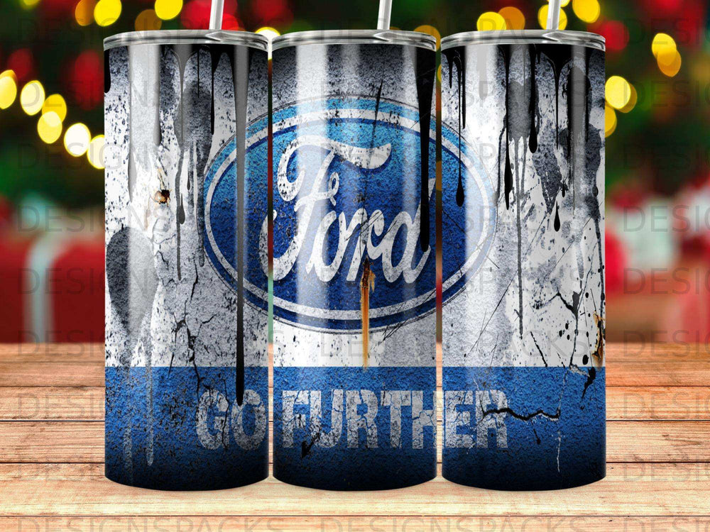Ford logo on distressed blue background with dripping paint and "Go Further" text.