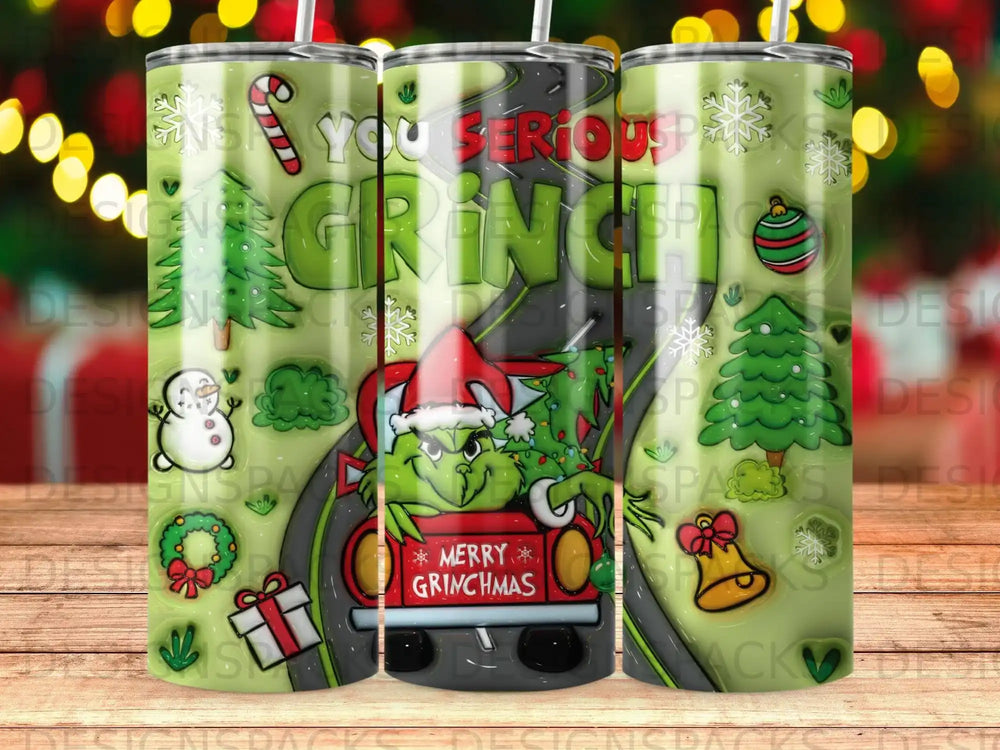 Grinch in a car with Christmas tree and gifts.