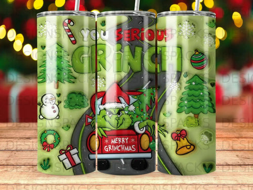 Grinch in a car with Christmas tree and gifts.