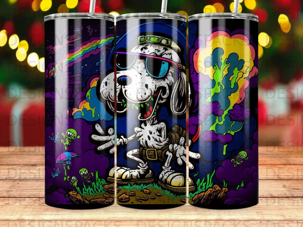 Cartoon dog wearing sunglasses and hat, surrounded by colorful smoke and creatures.