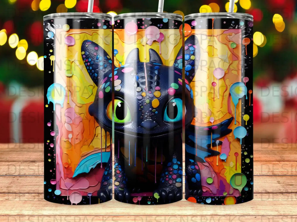 Black dragon with colorful spots and dripping paint on yellow background.