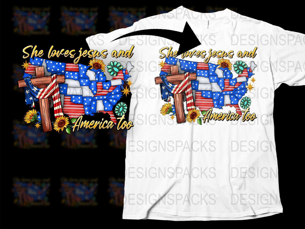 Patriotic T-Shirt 'She Loves Jesus and America Too' Sunflower Flag Design, USA Pride Tee
