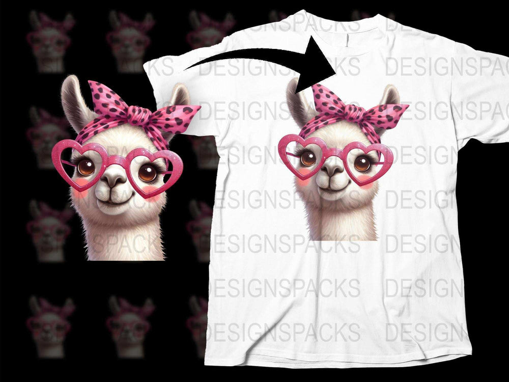 Cute Llama T-Shirt With Pink Bow and Heart Glasses, Funny Alpaca Graphic Tee, Unique Animal Print Shirt for All Ages