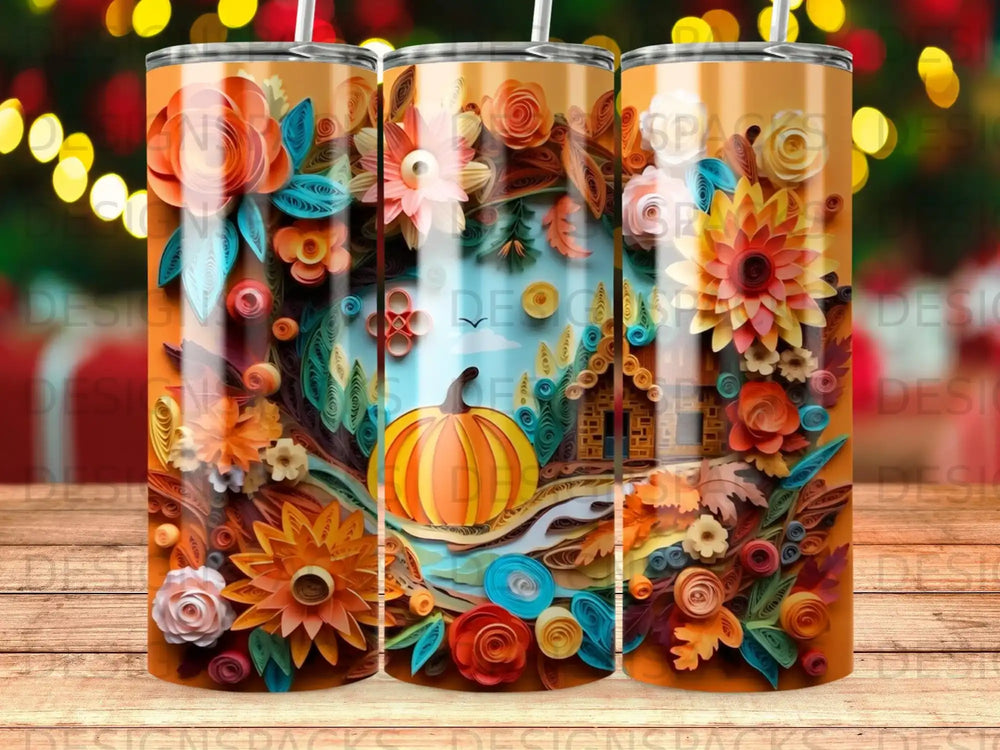 Quilled paper art tumbler with pumpkin, flowers, and autumn leaves.
