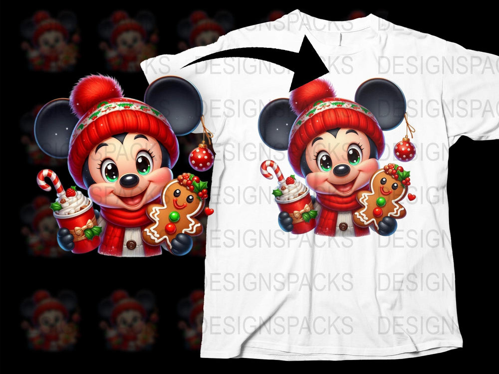 Kids Christmas T-Shirt, Cute Mouse with Candy Cane, Holiday Graphic Tee, Festive Children's Clothing, Bright Red Hat Design