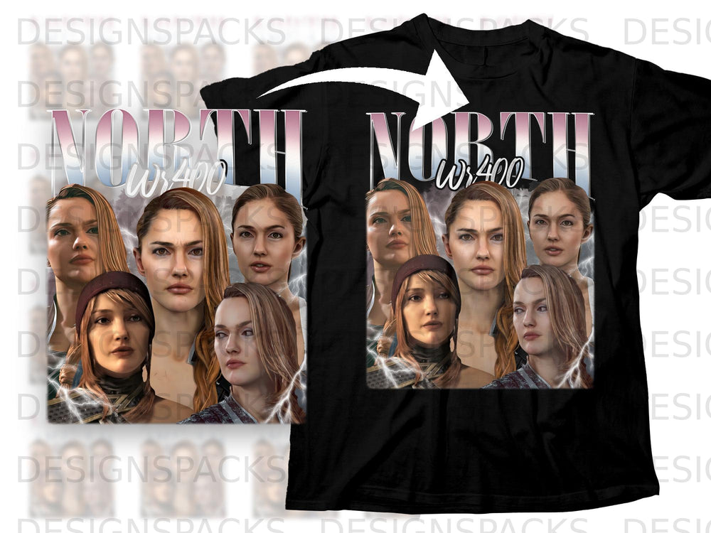 Black t-shirt with "NORTH W400" text and montage of five female characters.