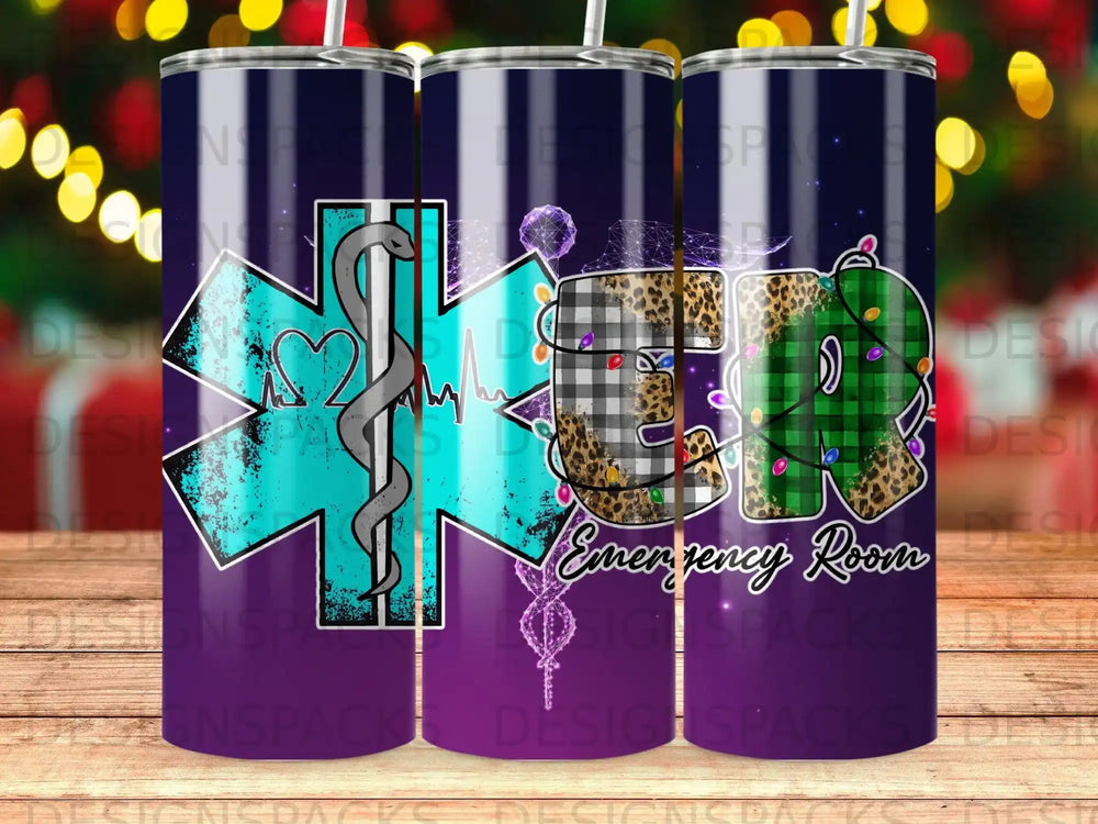 Tumbler with ER logo, stethoscope, and medical cross.