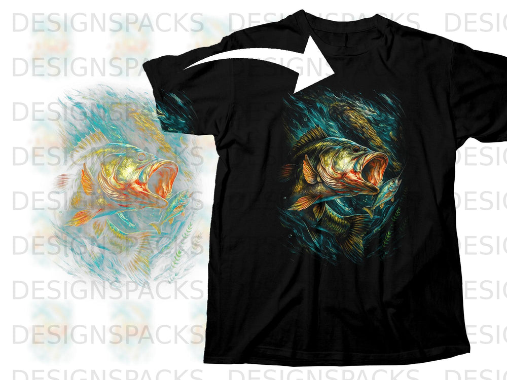 Black t-shirt featuring a bass fish with mouth open, lunging for a smaller fish.