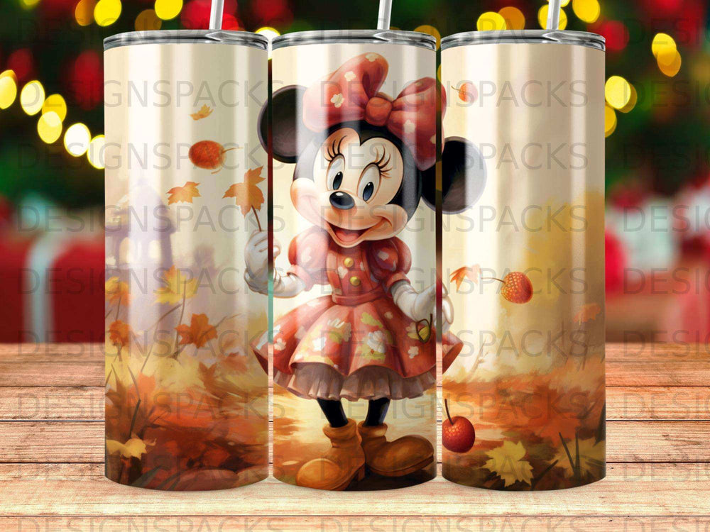Minnie Mouse in autumn dress, holding a pumpkin, on a tumbler wrap design.