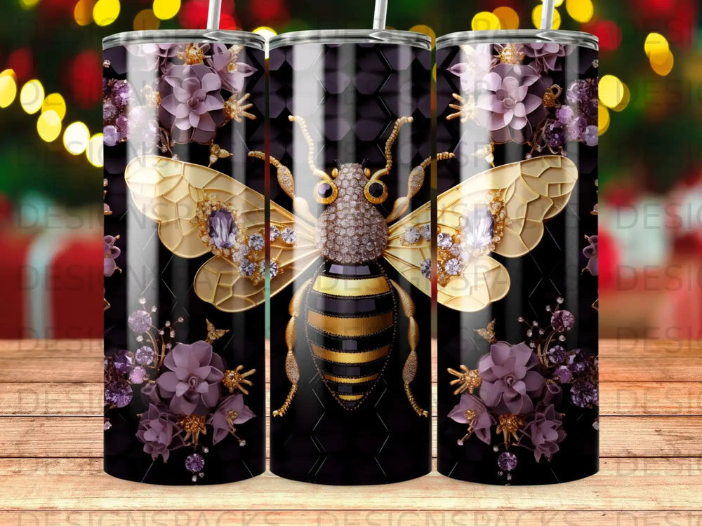 Golden bee with purple flowers on a honeycomb patterned tumbler.