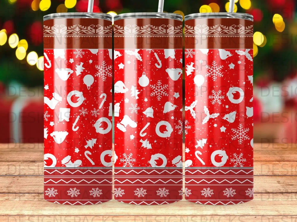 Red tumbler with white snowflakes, candy canes, and festive border.