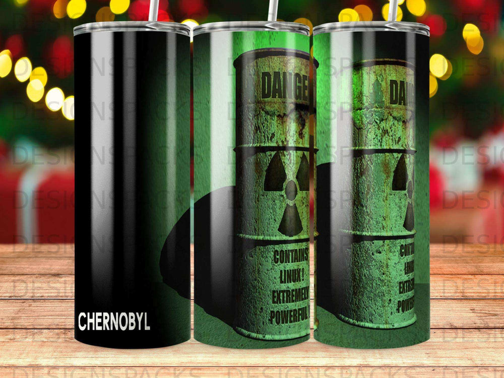 Chernobyl Linux tumbler with hazard symbols and text.