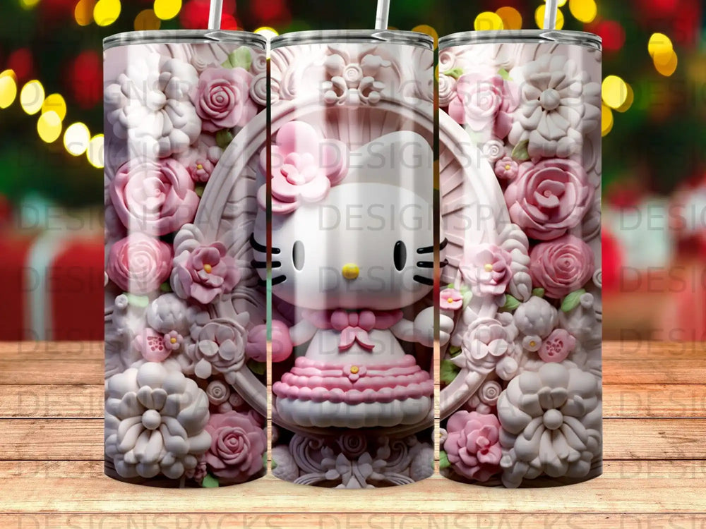 Hello Kitty adorned with pink flowers in a decorative frame.