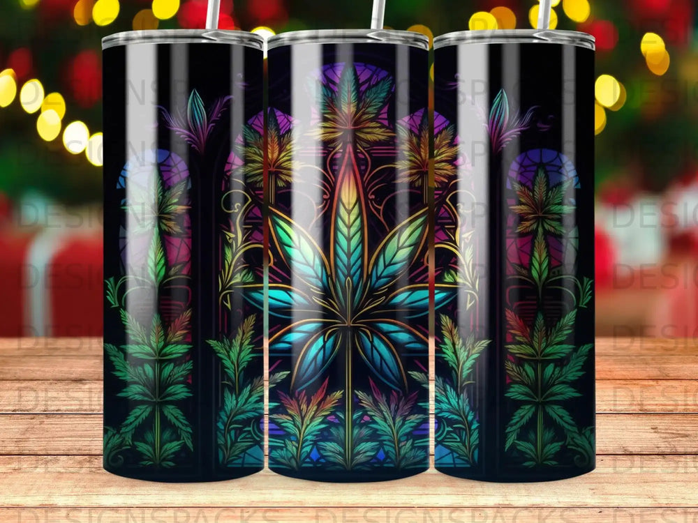 Stained glass cannabis leaf design on a black background with colorful accents.