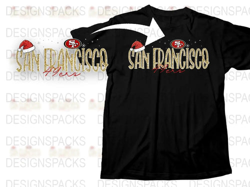 San Francisco 49ers Christmas T-Shirt, Holiday Santa Hat Team Logo Tee, Festive Sports Fan Apparel, Unisex Black Cotton Shirt