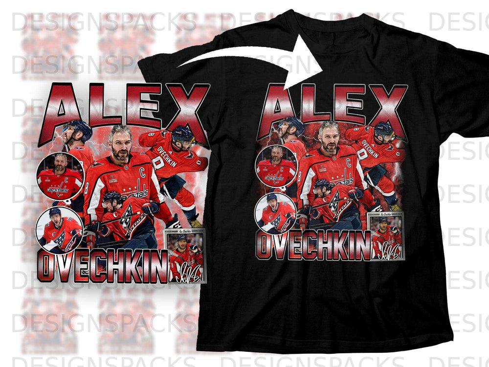 Black t-shirt featuring Alex Ovechkin and Washington Capitals logo.