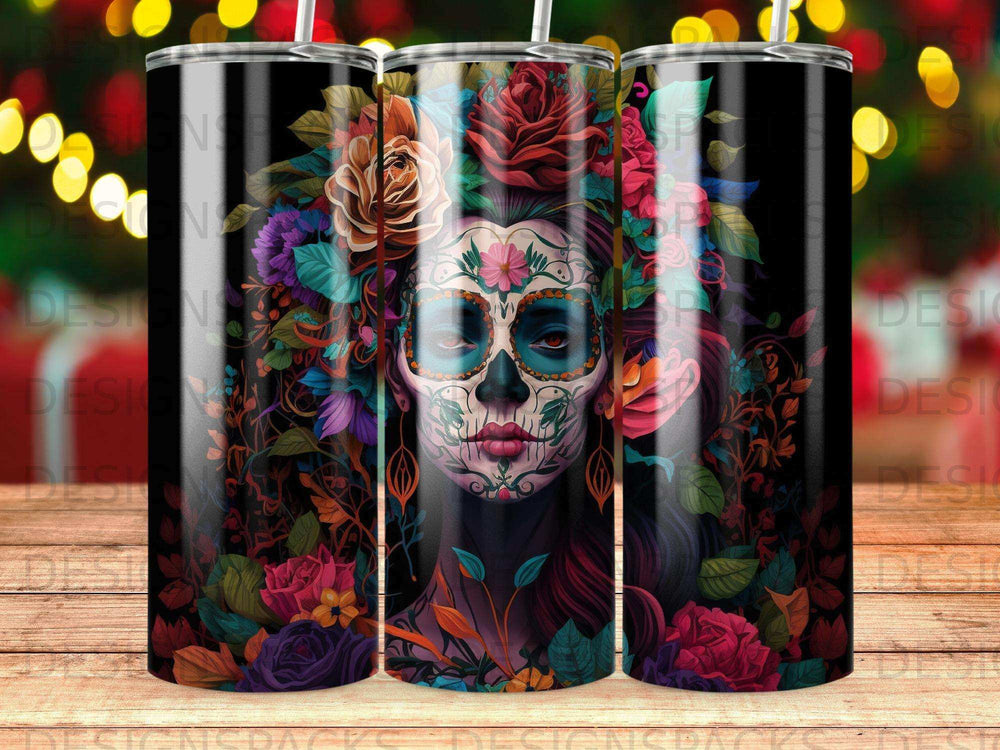 Day of the Dead skull woman with colorful floral headdress on a tumbler.