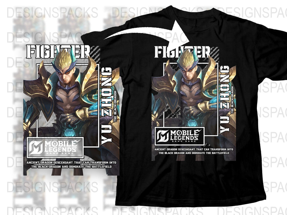 Mobile Legends Fighter T-Shirt, Yu Zhong Graphic Tee, Fantasy Game Apparel, Black Cotton Shirt