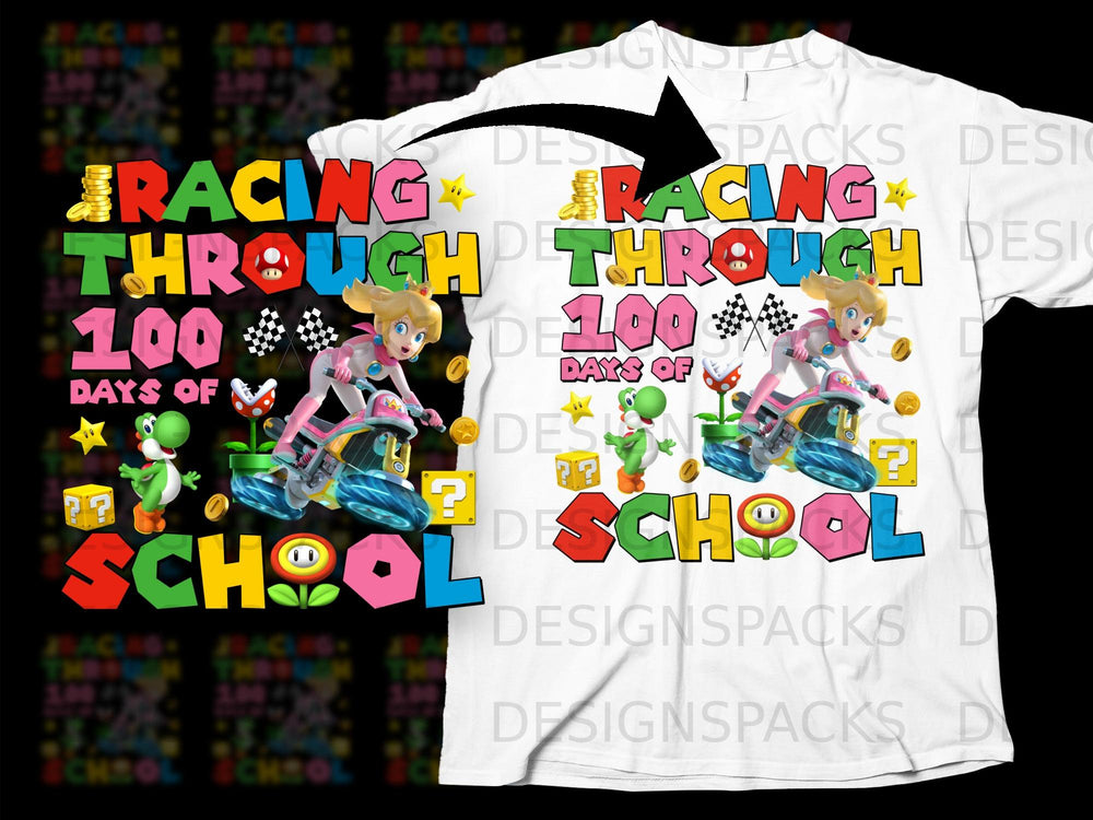 Peach and Yoshi racing through 100 days of school with Mario Kart elements.