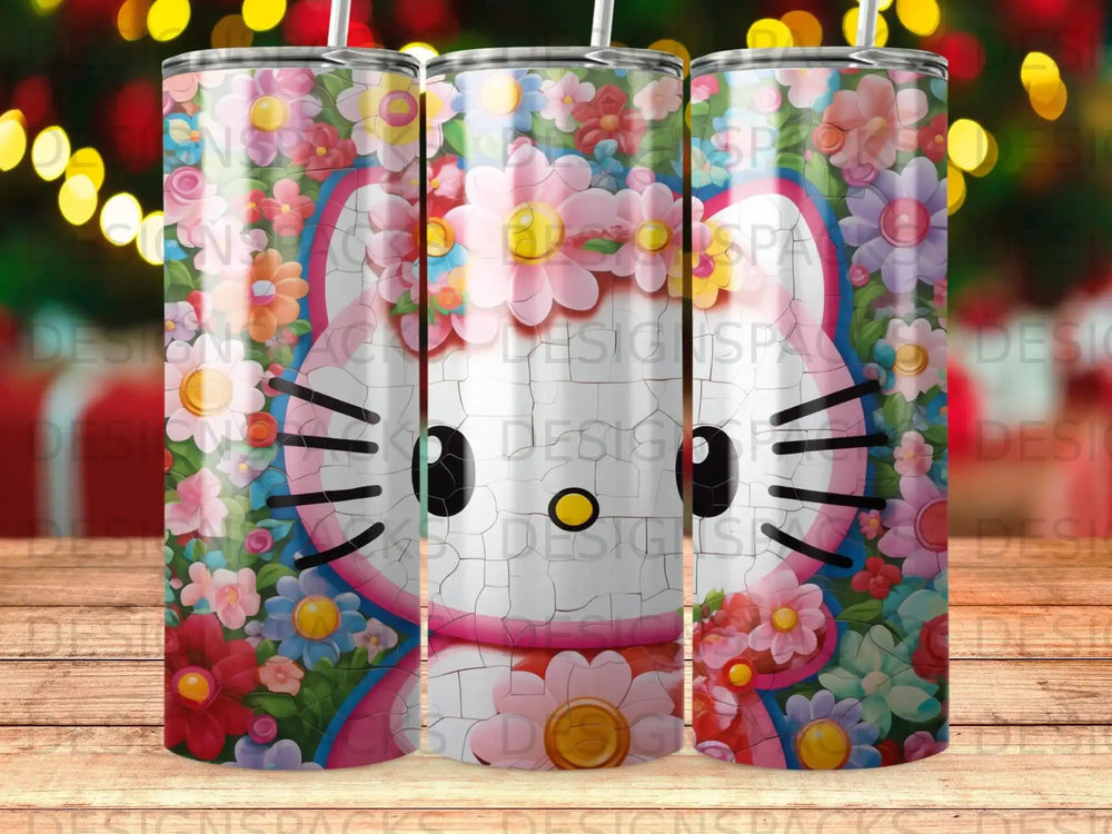 Pink Hello Kitty face surrounded by vibrant floral patterns on a tumbler.