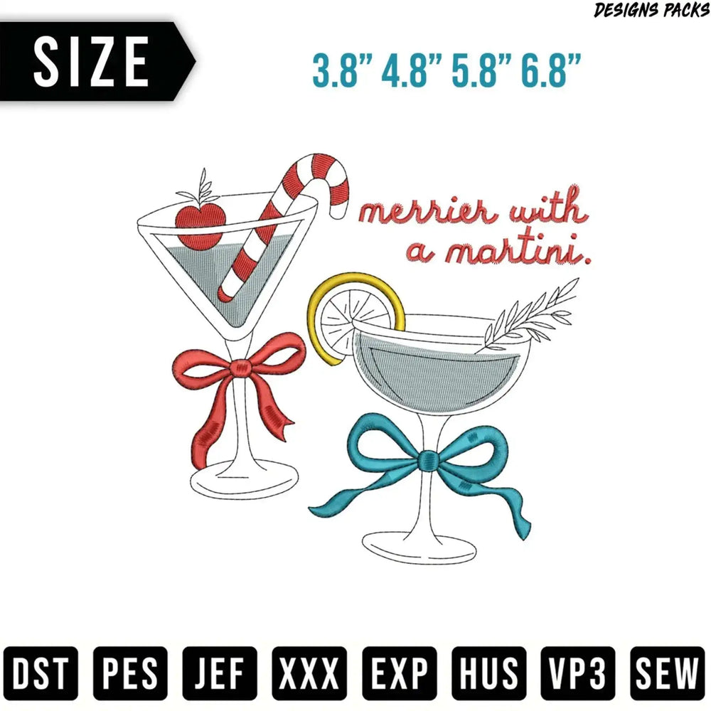 Two martini glasses with candy cane and lemon, "merrier with a martini" text.