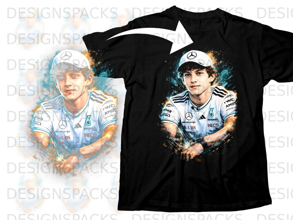Black t-shirt featuring a stylized portrait of a young man wearing a racing cap and suit.
