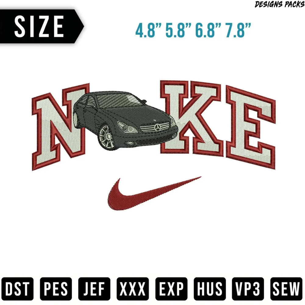Nike logo with a car in the "N", embroidery file formats listed below.