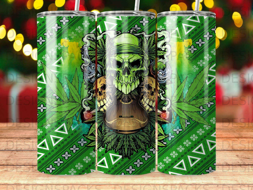 Green skull with guitar, marijuana leaves, and repeating geometric pattern.