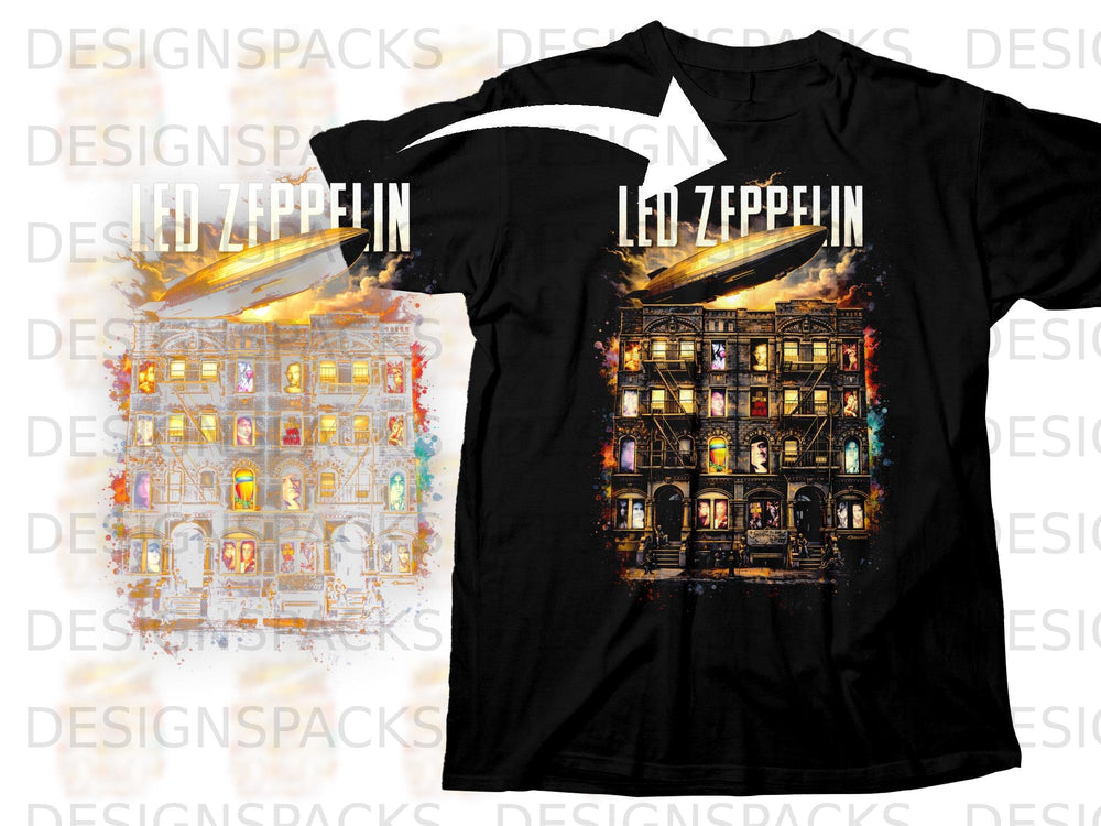 Led Zeppelin album cover art on a black t-shirt with a silver blimp.