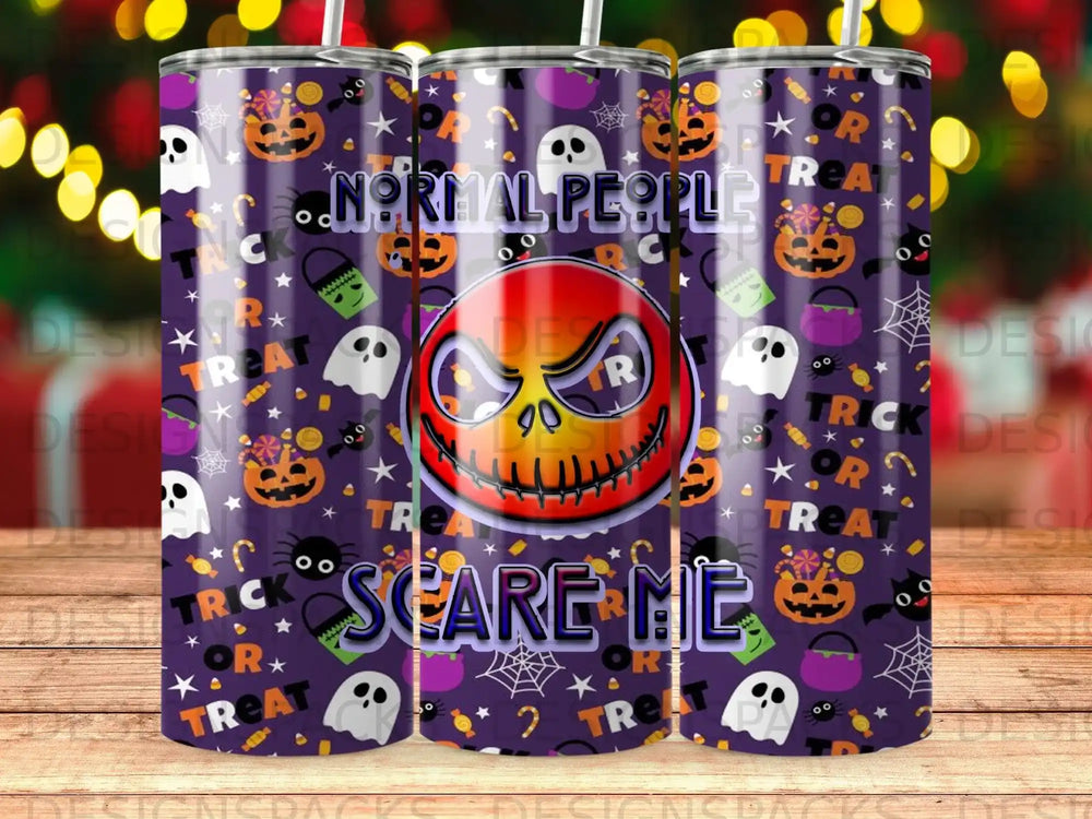 Jack Skellington with "Normal People Scare Me" text on a Halloween-themed tumbler.
