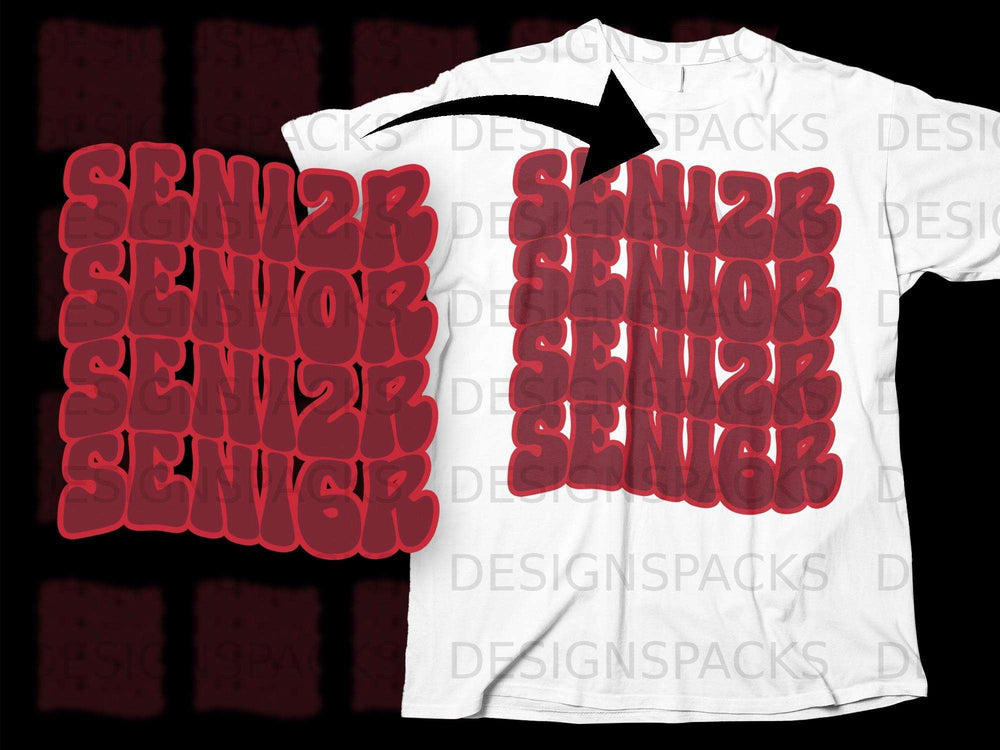 White t-shirt mockup with a red "SENIOR" graphic arranged in columns.
