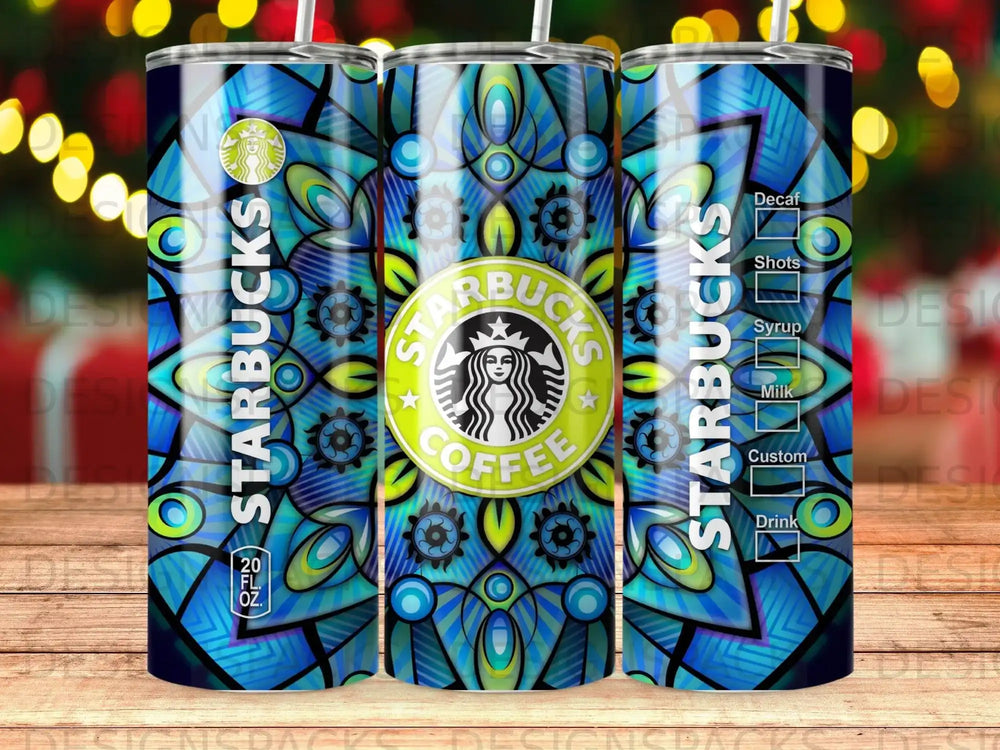 Starbucks coffee tumbler with floral pattern and drink customization options.
