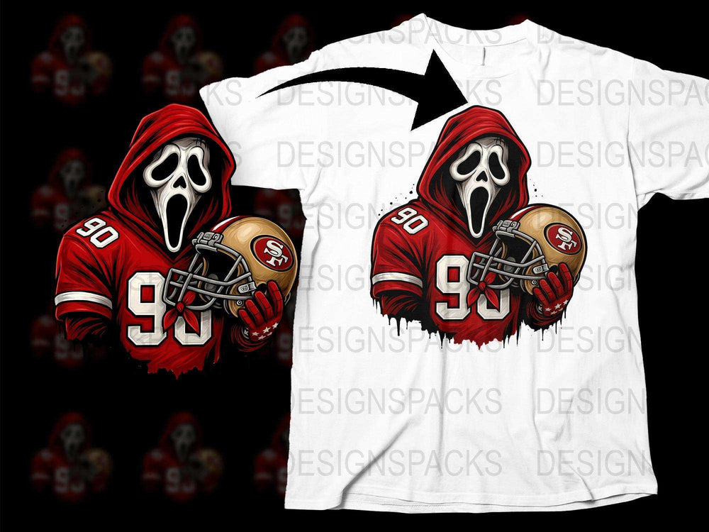 Scream Mask Football T-Shirt, San Francisco Red and White, Horror Sports Fan Gear, Unique Graphic Tee, Size Options Available