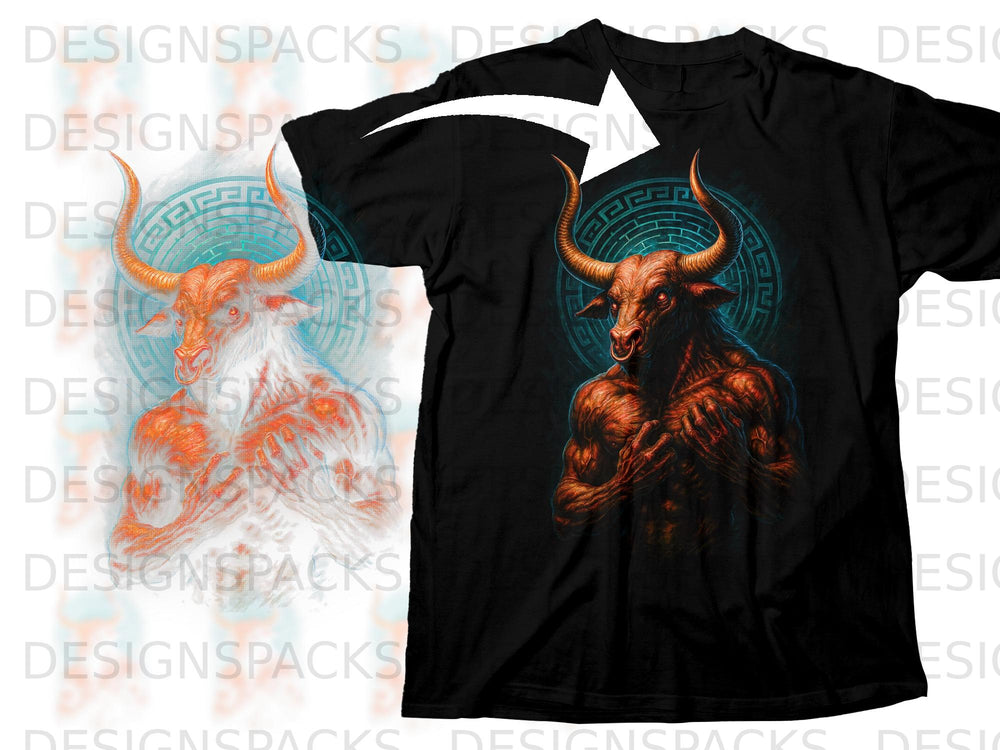 Black t-shirt featuring a muscular minotaur with horns and ringed snout.