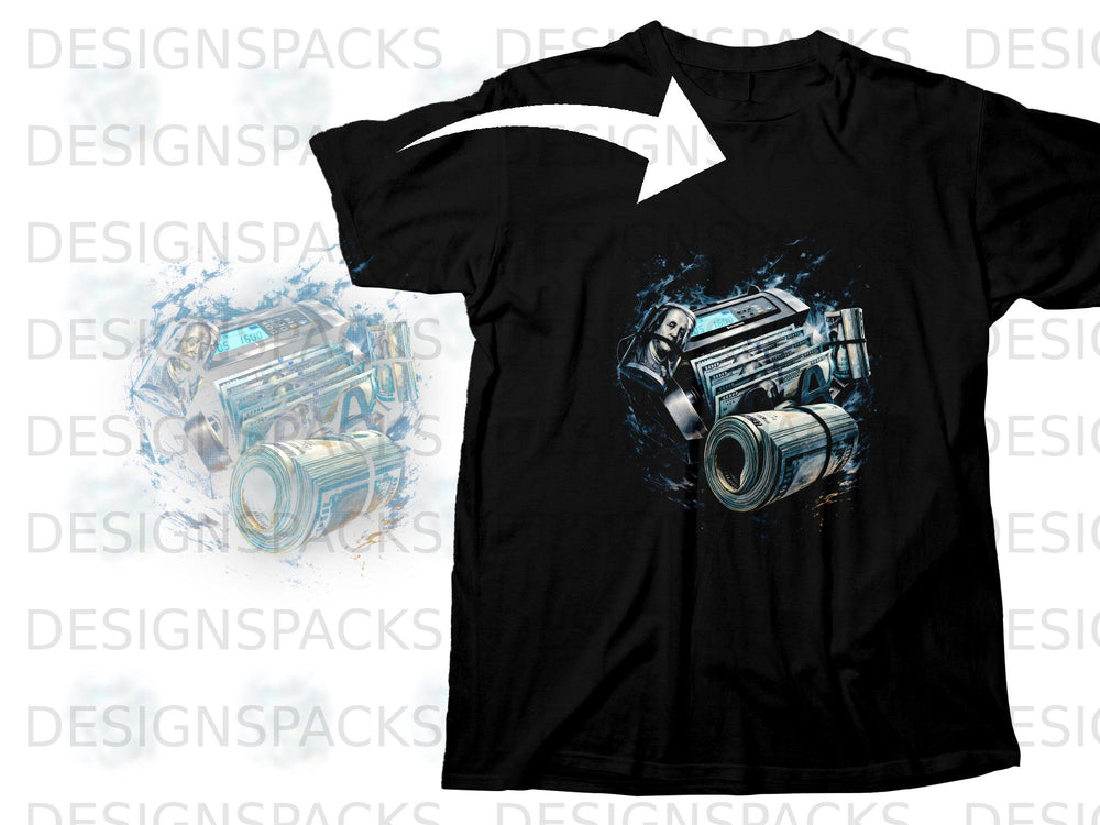 Black t-shirt with graphic of money, boombox, and a face.