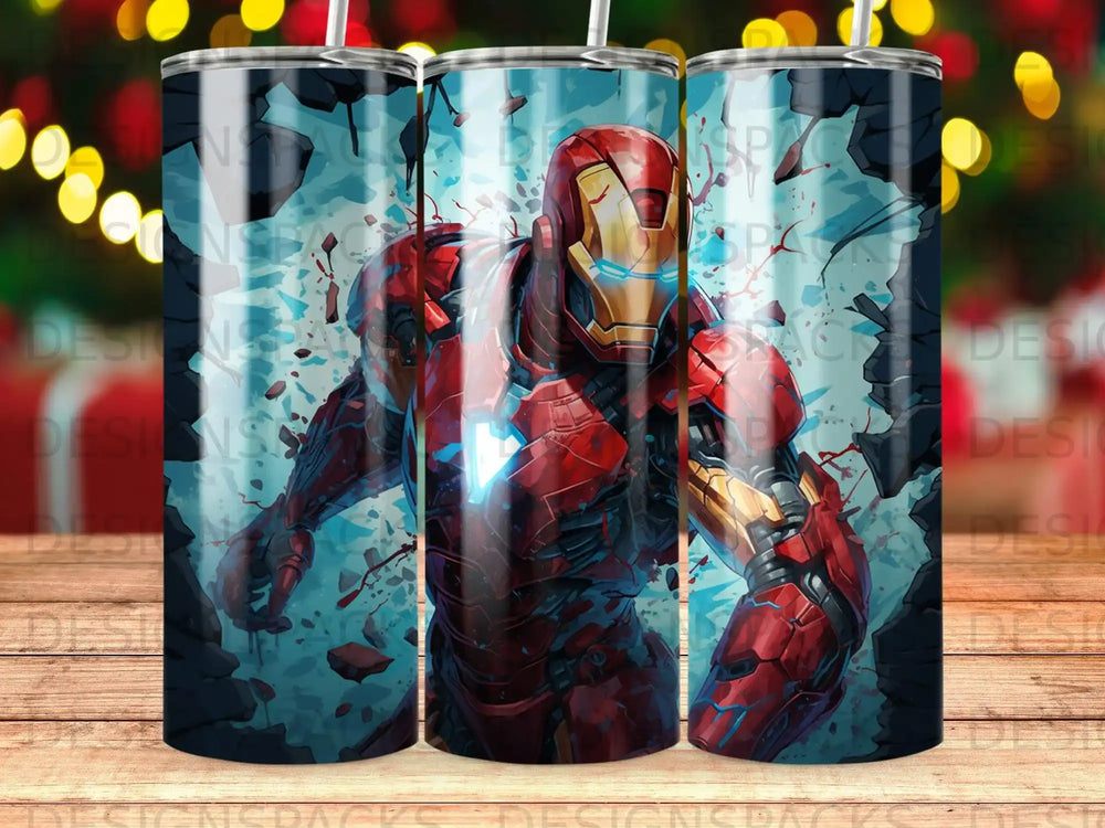 Iron Man suit shattering blue glass, digital art.