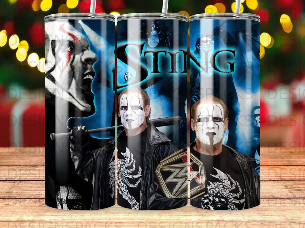 Wrestler Sting in black and white face paint holding baseball bat and championship belt.