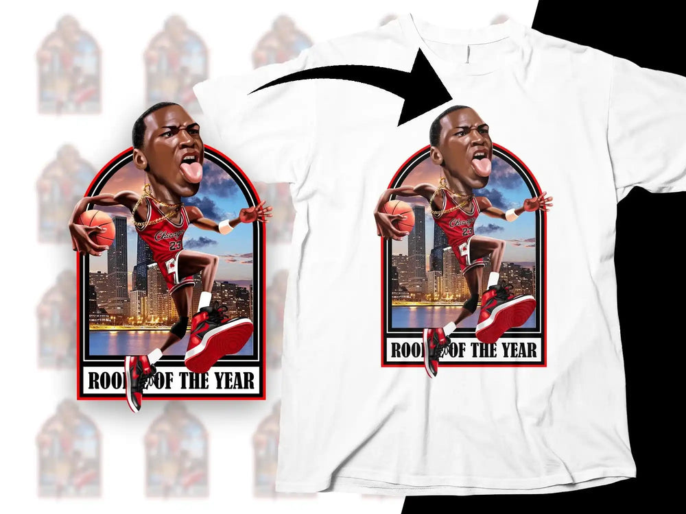 Basketball player design on white t-shirt, 'Rookie of the Year' text, cityscape background