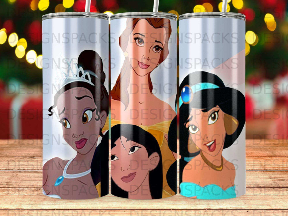 Three Disney princesses, Tiana, Mulan, and Jasmine, depicted in character art.