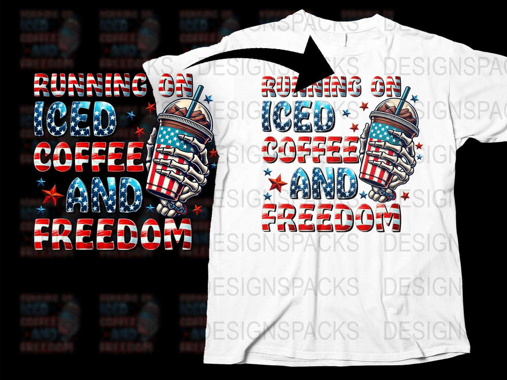 Running on Iced Coffee and Freedom T-Shirt, Patriotic Summer Tee, Casual Graphic Shirt for Coffee Lovers and Independence Day Celebrations